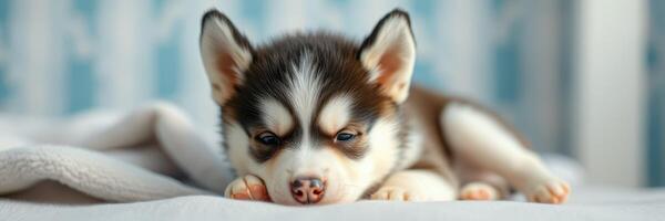 Cute husky puppy sleeping peacefully on a soft blanket in a cozy indoor setting during the day photo