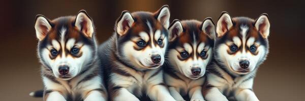 Four adorable husky puppies playfully lounging together in a warm indoor setting photo