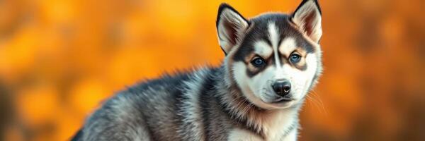 Cute husky puppy sitting on the grass with a vibrant autumn background in a sunny park photo