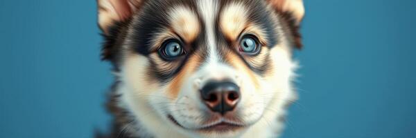Cute puppy with blue eyes and distinctive fur pattern in a simple background setting photo