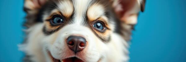 Happy puppy with blue eyes enjoying a playful moment indoors against a vibrant background photo