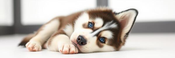 Playful Siberian Husky puppy resting indoors with striking blue eyes and soft fur photo