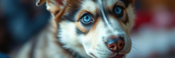 Close-up of a playful Siberian husky puppy with striking blue eyes and a curious expression indoors photo