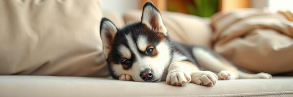 Cute husky puppy rests on a cozy sofa in a sunlit living room during a lazy afternoon photo