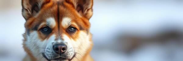 Dog with striking fur patterns gazes directly into the camera on a winter day in a snowy landscape photo