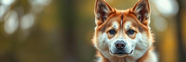 Beautiful red and white dog with expressive eyes posing outdoors in vibrant surroundings during autumn days photo