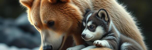 Close bond between a bear and a husky puppy enjoying a moment together in a natural setting at sunrise photo