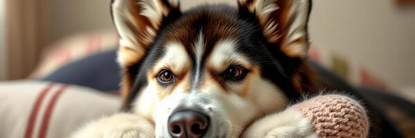 Beautiful malamute dog resting indoors on a cozy blanket during a sunny day in a warm, inviting home setting photo