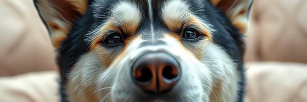 Dog with striking features staring directly at the camera on a cozy couch in a warm setting photo