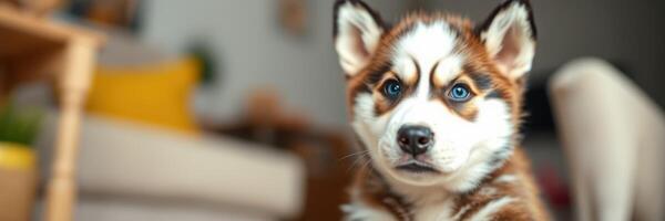 Adorable brown and white husky puppy with striking blue eyes sitting indoors during the day photo