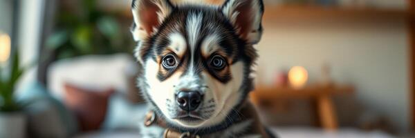 Playful husky puppy gazes curiously at the viewer in a cozy indoor setting photo