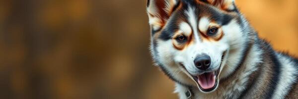 Happy husky poses against a warm blurred background in a serene outdoor setting during golden hour photo
