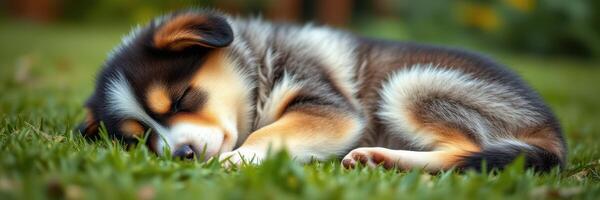 Puppy sleeping peacefully on green grass in a sunny garden during the afternoon photo