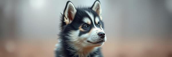 Cute husky puppy gazes curiously in a misty outdoor setting during early morning light photo