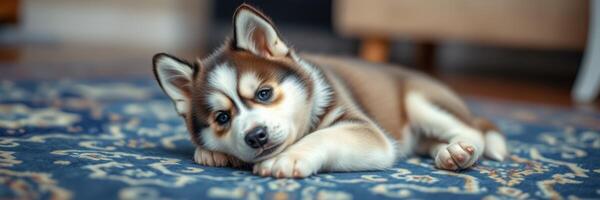 Husky puppy relaxing on a patterned rug in a cozy indoor space during daylight hours photo