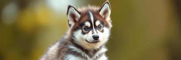 Cute puppy with fluffy fur looks curiously at the camera in a sunny park setting during the afternoon photo