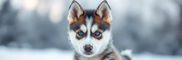 Playful husky puppy with striking blue eyes enjoys a snowy background during winter photo