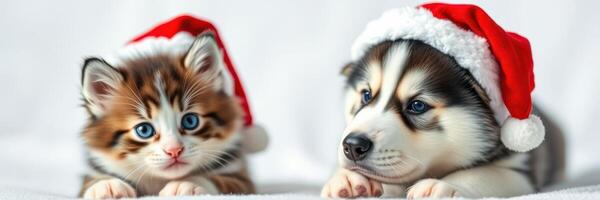Cute puppy and kitten wearing Santa hats celebrate the holiday season together in a cozy setting photo