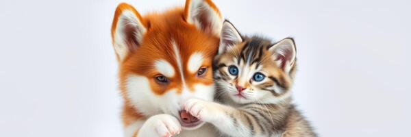 Cute puppy and kitten cuddling together in a playful moment on a bright background photo