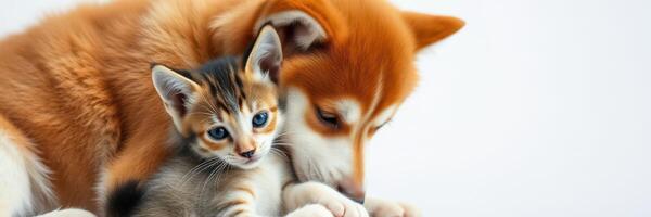 Adorable kitten cuddles with friendly puppy in a cozy indoor setting photo