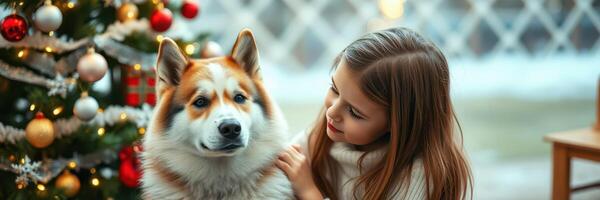 Child interacts with fluffy dog near decorated Christmas tree in cozy indoor setting photo