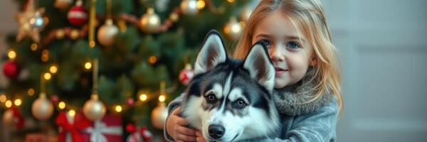 Child joyfully hugs a Siberian Husky in front of a decorated Christmas tree during the holiday season photo