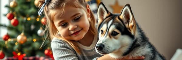 Young girl joyfully interacts with her adorable husky in a festive holiday setting photo