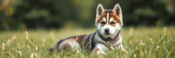 Side view of a husky dog relaxing on green grass in a sunny park photo