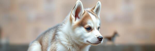 Cute husky puppy sitting in a park, enjoying a sunny day with other dogs playing in the background, creating a lively atmosphere photo