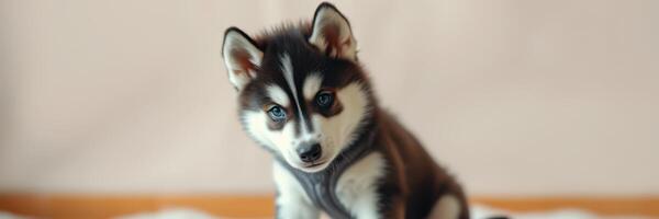 Cute husky puppy sitting playfully indoors, showcasing vibrant fur and curious expression photo