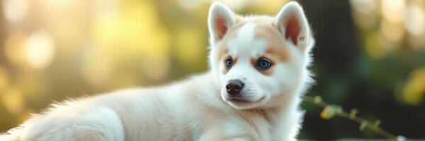 Playful puppy relaxes in a sun-drenched garden during a warm summer afternoon photo