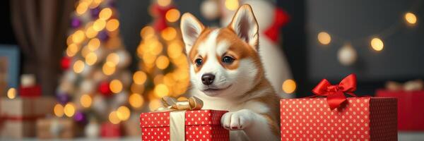 Corgi puppy surrounded by Christmas gifts and holiday decorations in cozy indoor setting photo