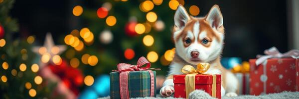 Cute puppy sits next to colorful holiday gifts with a decorated tree in the background during a festive Christmas celebration photo