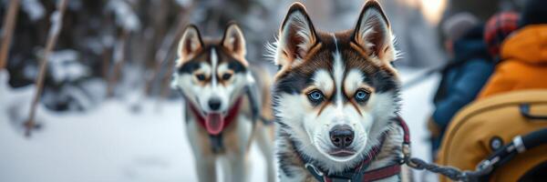 Sled dogs enjoying a winter trek through a snowy forest with excited passengers in colorful jackets photo