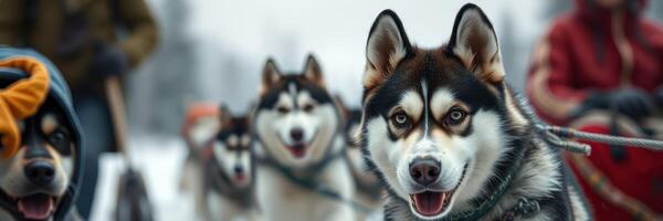 Siberian huskies pulling sled in snowy landscape during winter outdoor adventure photo