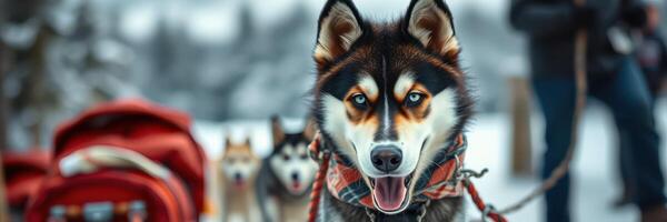 Huskies pull sleds during winter adventure in snowy landscape photo
