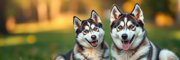 Two playful huskies enjoying a sunny afternoon in a lush green park setting with blurred background photo