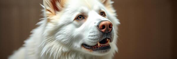 Samoyed dog looking curiously in a warmly lit indoor setting with a soft focus background and friendly expression photo