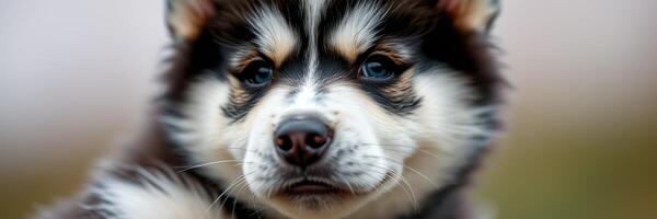 Cute puppy with striking fur pattern poses closely against a blurred natural background photo