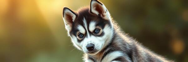 Husky puppy poses during golden hour at a serene outdoor location photo