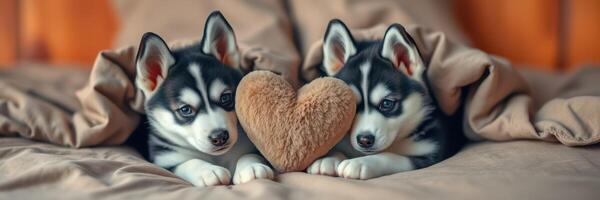 Two adorable husky puppies snuggling together with a plush heart on a cozy bed photo