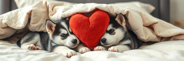 Two adorable husky puppies snuggling under a blanket with a heart-shaped cushion in a cozy bedroom setting photo