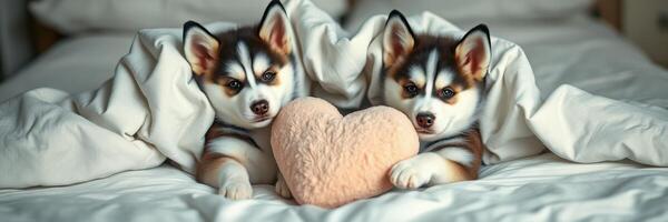 Two adorable puppies snuggled together on a bed, sharing a heart-shaped toy in a cozy setting photo