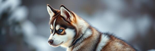 Cute husky puppy with blue eyes in a snowy landscape during winter photo