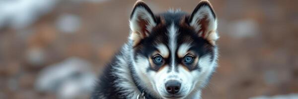 Husky puppy stands on rocky terrain with snow in the background during a chilly afternoon photo
