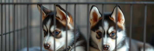 Two adorable husky puppies resting together in a cozy indoor space during early afternoon photo