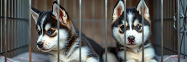 Two adorable husky puppies resting in a cage with soft bedding during the day at an animal shelter photo