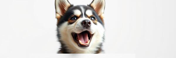Happy dog with expressive face posing against a plain background photo