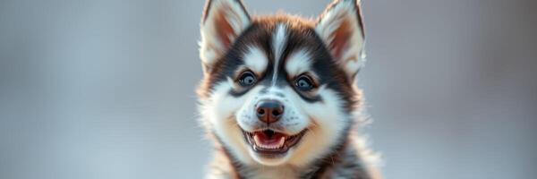 Happy husky puppy plays outdoors during golden hour, showcasing vibrant fur and playful expression photo