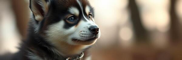 Playful husky puppy enjoys a sunny afternoon in the park during early spring photo